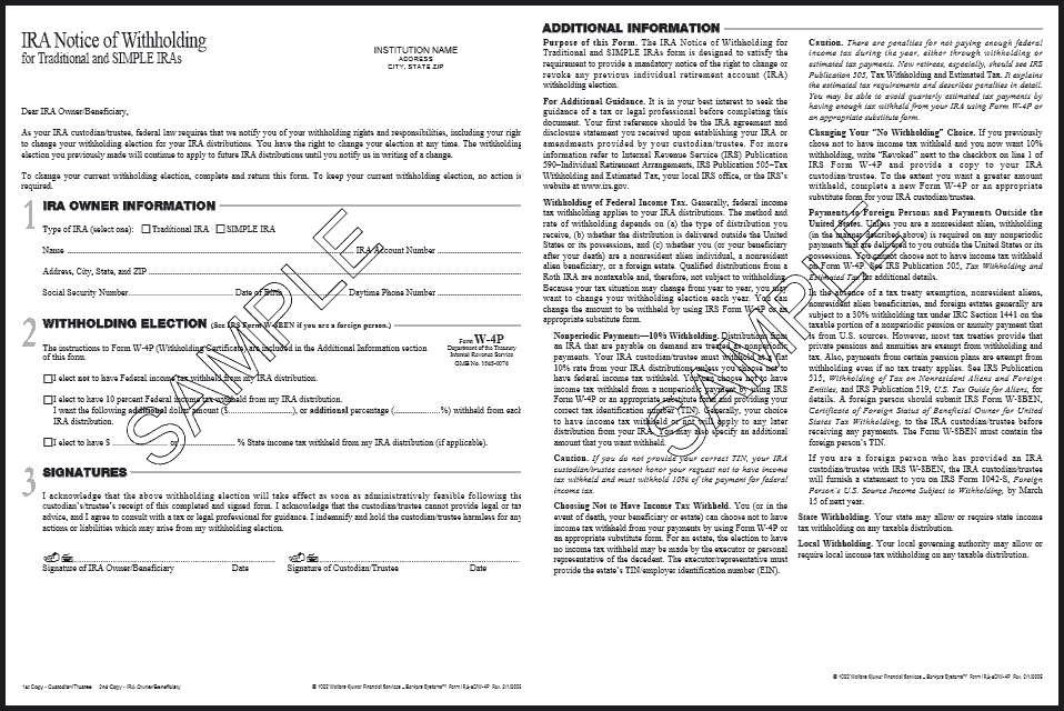 IRA Notice of Withholding and Form Wolters Kluwer