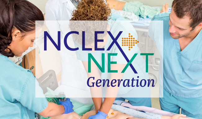 NCLEX Next Generation written in white transparent box over scene of nurses practicing resuscitative techniques on a simulation dummy