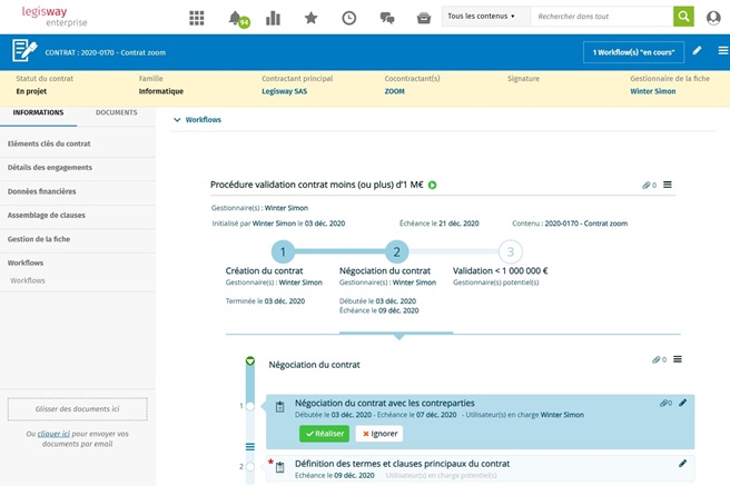 Capture du logiciel de gestion de service juridique. Collaboration en entreprise - Legisway Enterprise