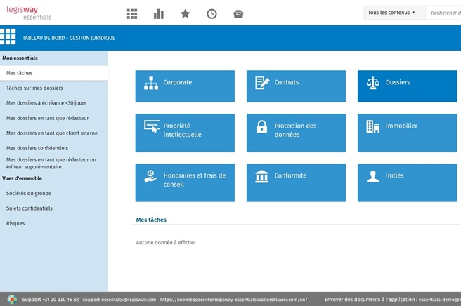 Capture du logiciel de gestion de service juridique. Centraliser les infos juridiques - Legisway Essentials