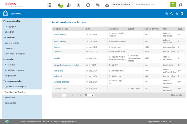 Capture du logiciel de reporting de direction juridique. Optimiser la gestion des filiales - Legisway Enterprise