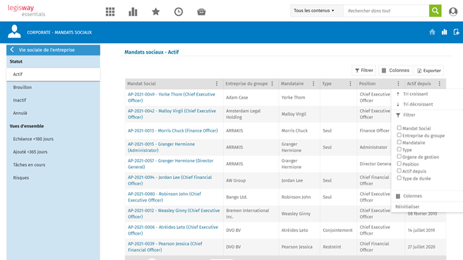 Capture du logiciel de reporting de direction juridique.  Centraliser les informations - Legisway Essentials