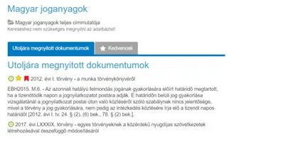 Jogtár - könyvjelző és jegyzet - utoljára megnyitott