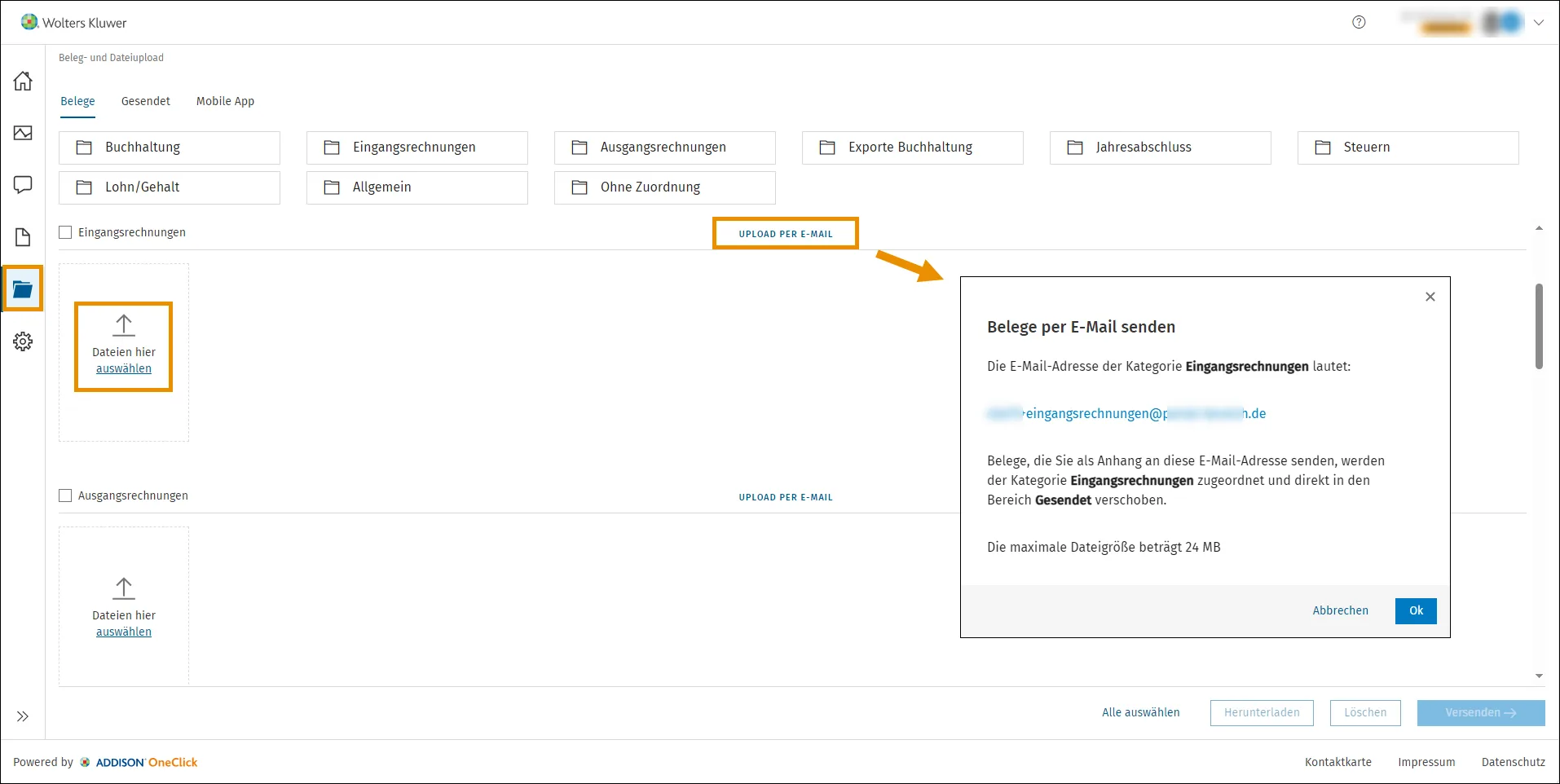 Screenshot zeigt wie man eine E-Rechnung mit dem ADDISON OneClick Beleg- und Dateiupload hochladen kann