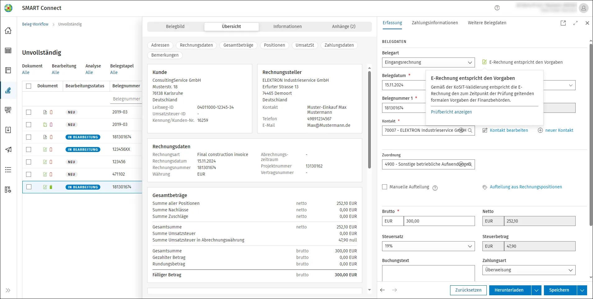 Screenshot zeigt wie eine E-Rechnung in ADDISON SMART Connect angezeigt wird