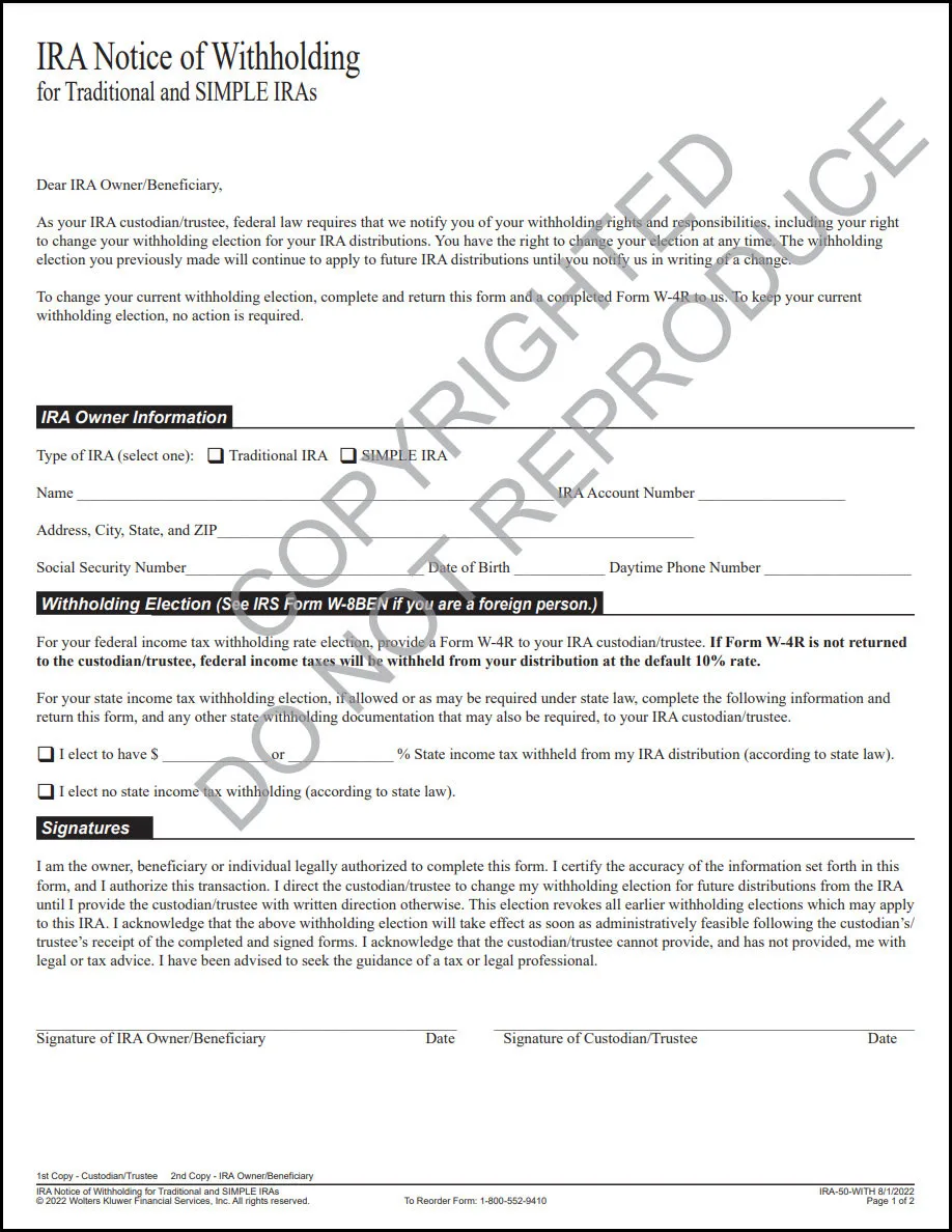 Notice of Withholding for Traditional and SIMPLE IRAs