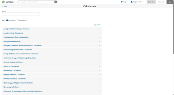 UpToDate calculators list