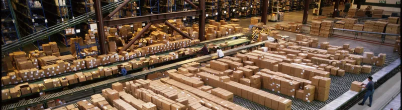 Overview of a large industrial distribution warehouse storing products in cardboard boxes on conveyor belts and racks.