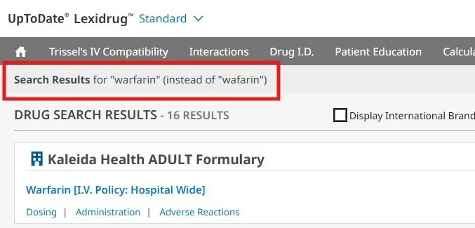 Lexicomp search results with spelling suggestion