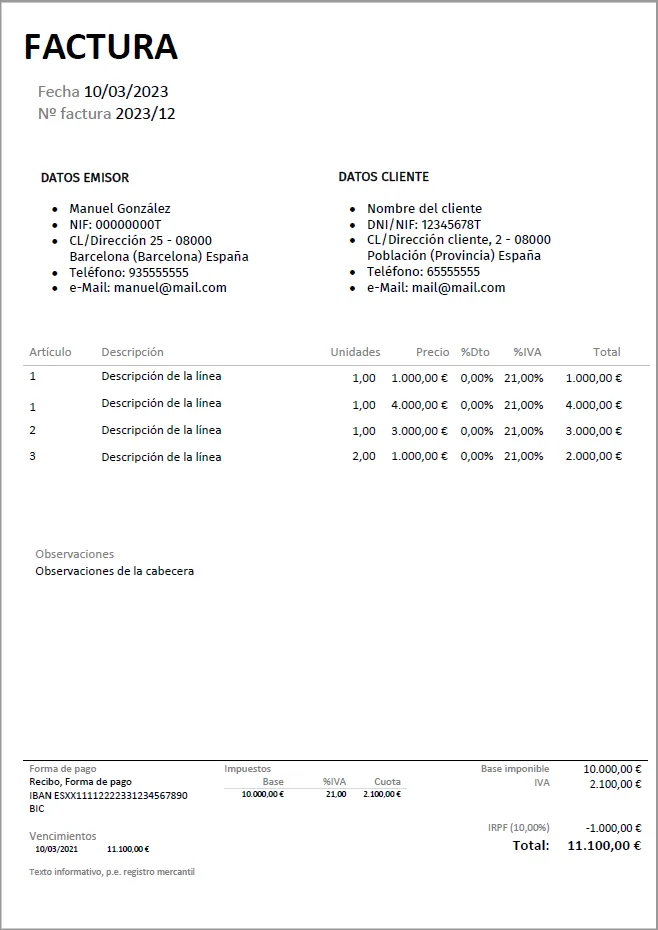 ejemplo factura autónomo