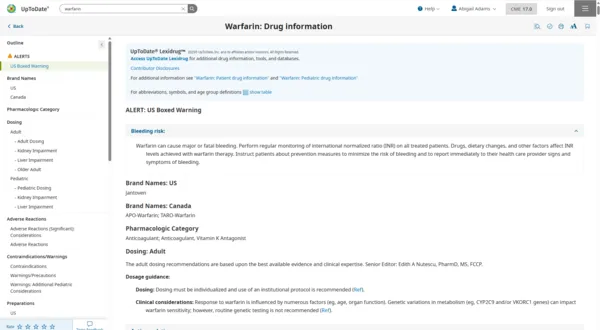 warfarin drug information page