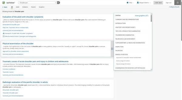 UpToDate shoulder pain search results